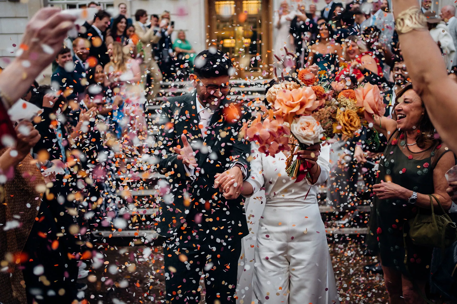 wedding confetti outside hackney town hall in east london uk